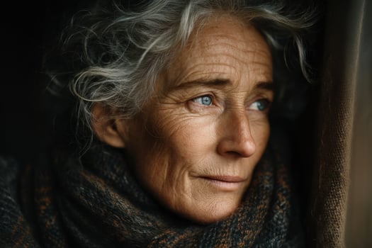 An older woman with gray hair and a scarf photo