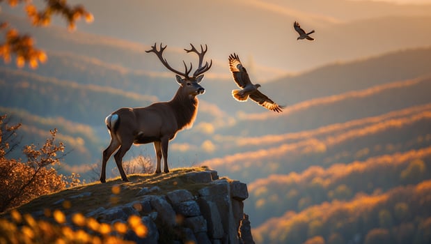 Majestic Deer on Cliffside with Birds Flying Over Autumn Forest photo