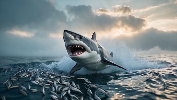 Great White Shark Hunting School of Fish in Ocean Water photo