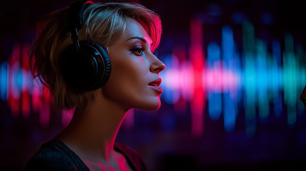 A woman with short hair wears large headphones, focused intently on her audio experience. Vivid sound waves in bright colors illuminate the background, enhancing the overall atmosphere. photo