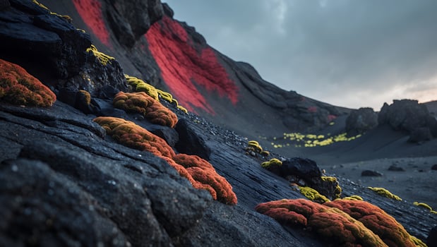 Exploring Volcanic Landscape with Moss and Striking Red Mineral Deposits photo