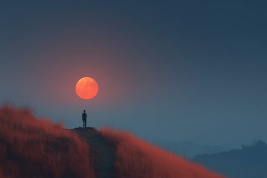 A man standing on a hill with the sun setting behind him photo