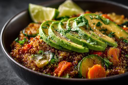 Quinoa, vegetables, and avocado in a bowl photo