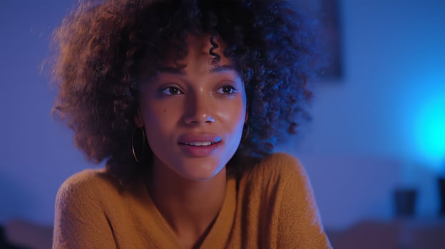 A lively discussion on AI takes place during a late-night podcast recording. The host, illuminated by blue lighting, shares insights with enthusiasm and confidence, fostering an engaging atmosphere. photo