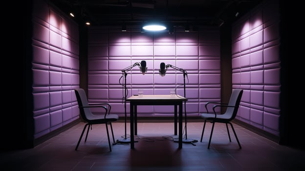 A podcast recording studio features two microphones positioned on a table under focused lighting. photo