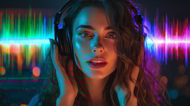 A podcast host with curly hair is wearing headphones while interacting with audio technology. Colorful sound waves visually represent the podcast's engaging content, creating a lively atmosphere. photo