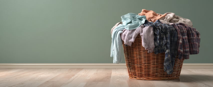 The laundry basket filled with colorful clothes rests on a wooden floor. photo
