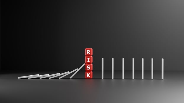RISK management and domino effect concept, Set by white blocks on sky background, Financial Crisis, Economic, Business risk management concept, Crisis, Management, Assessment, Insurance. 3D render. photo