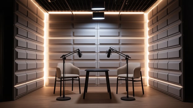 A sleek podcast studio with two microphones set up for recording, surrounded by stylish lighting. photo