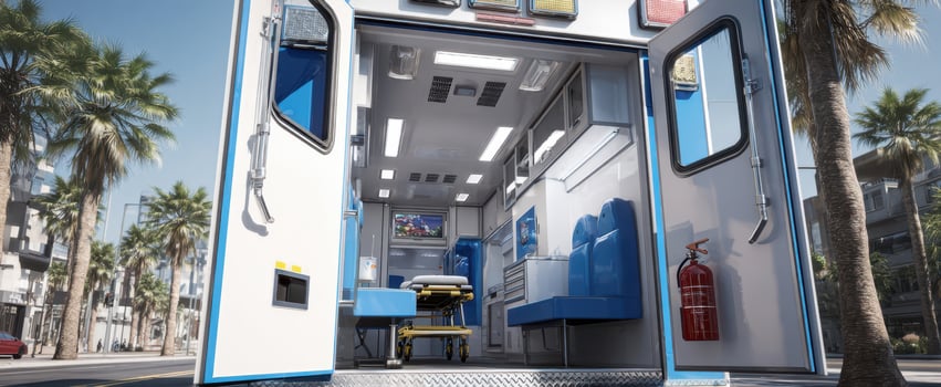 The modern interior of an ambulance with state-of-the-art medical equipment. photo