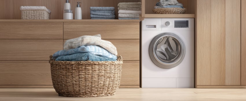 The inviting laundry area with a stylish washing machine and cozy towels. photo