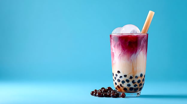 Bubble tea with blackberries and milk on blue background photo