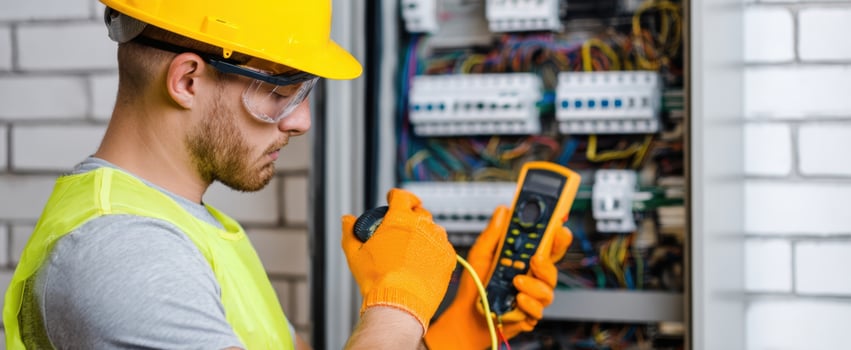 The electrician using tools to measure and inspect electrical systems. photo