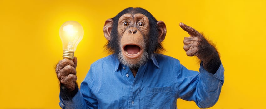 The monkey holding a light bulb with an excited expression on a bright background. photo