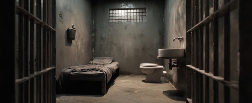 The solitary prison cell with minimal furnishings and stark shadows. photo