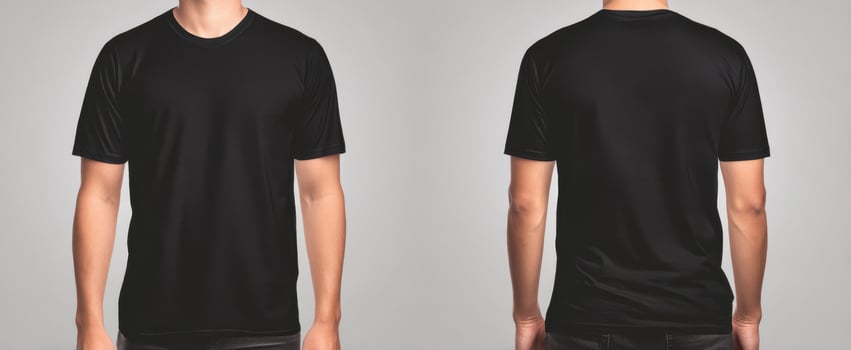 The black t-shirt displayed from front and back angles for fashion presentation. photo