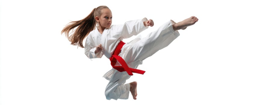 The energetic girl performing a high kick in karate uniform. photo