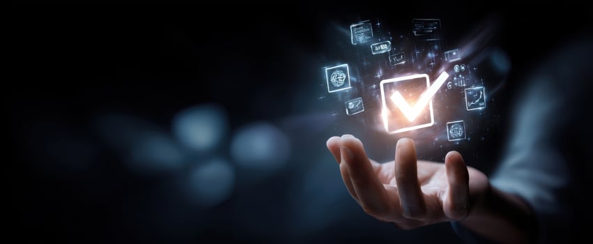 The futuristic hand interacting with digital checkmark and icons photo