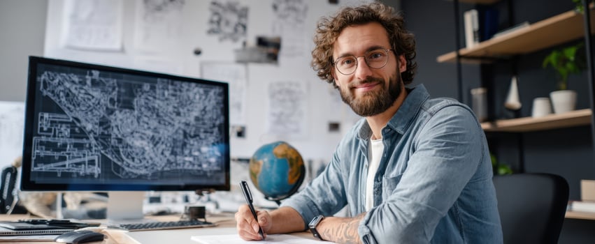 The focused architect working on designs in a modern office setting. photo