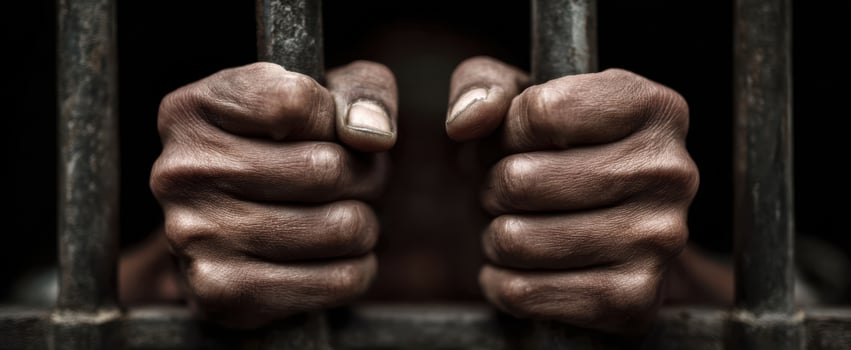 The Hands Gripping Prison Bars Reflecting Despair and Struggle for Freedom photo
