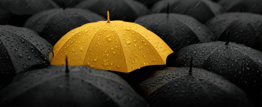 The striking yellow umbrella standing out among black umbrellas in the rain. photo