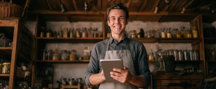 The smiling barista with a tablet in a rustic cafe setting photo