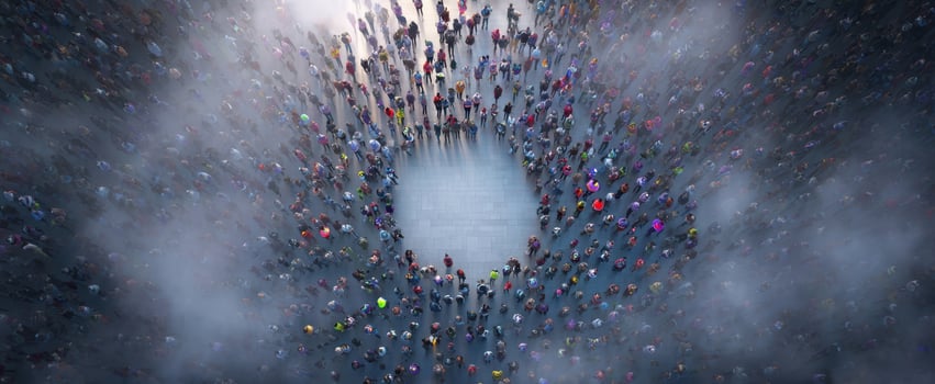 The crowd gathers around an open space, creating a vibrant urban scene. photo