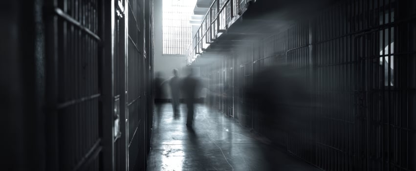 The eerie corridor of a prison with blurred silhouettes and striking shadows. photo