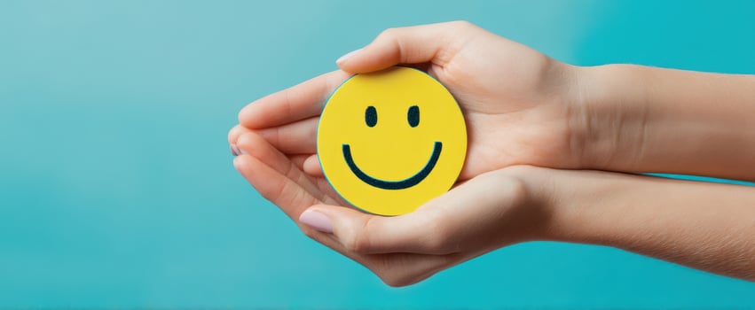 The cheerful smiley face held by hands embodies happiness and positivity. photo