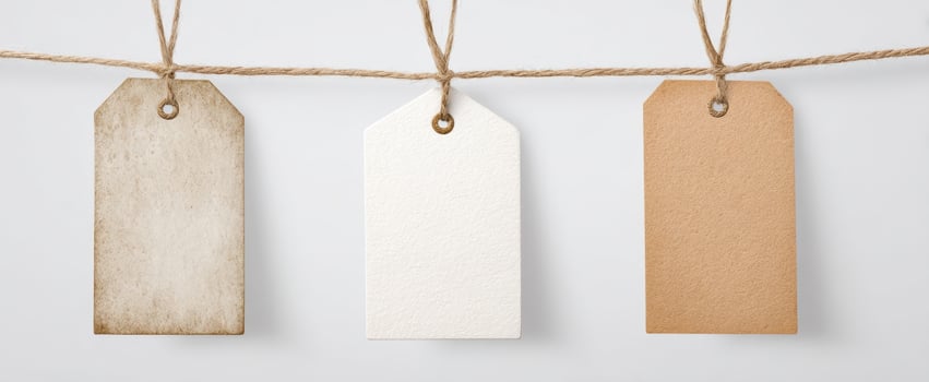 The collection of three customizable paper tags hanging on a rustic rope. photo