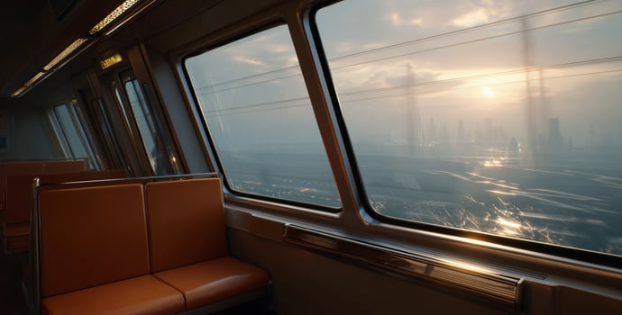 A man in management role oversees train operations while the sun sets behind the city skyline. Passengers enjoy a smooth ride, casting reflections on the glass windows. A bustling evening unfolds. photo