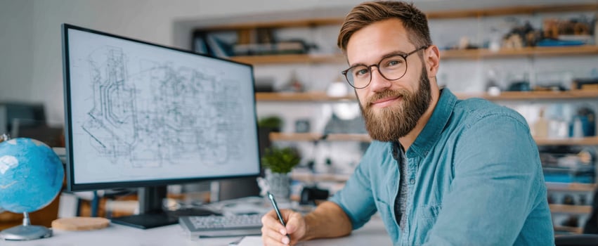 The smiling man working on architectural blueprints at a modern desk. photo