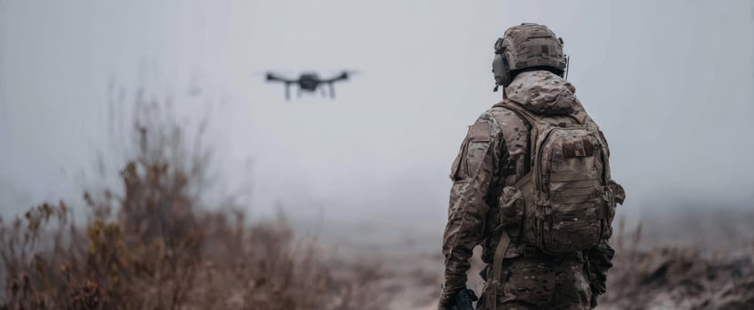 The soldier monitoring a drone in a foggy outdoor environment. photo