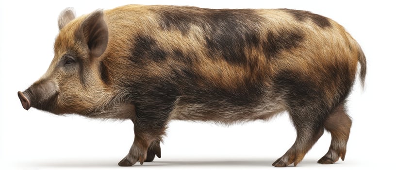 The charming pig walking gracefully with unique fur patterns and texture. photo