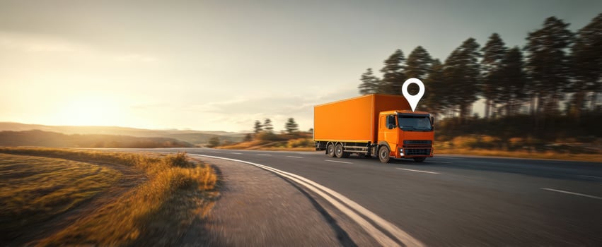 The orange truck driving along a scenic highway at sunset. photo