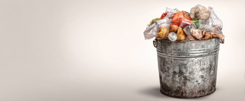 The overflowing trash bin filled with mixed waste and refuse materials. photo
