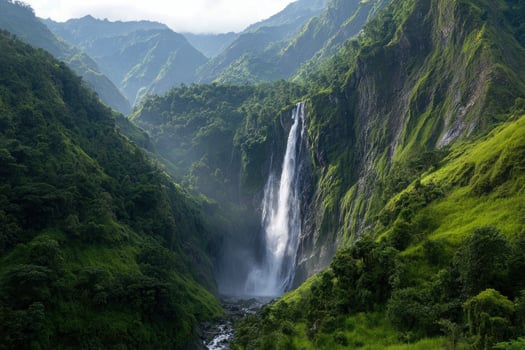 Majestic waterfall flows down mossy cliffs in a jungle photo