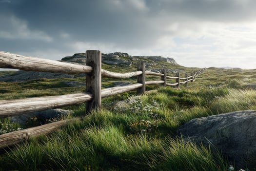 Rustic wooden fence bordering a green pasture under blue skies photo