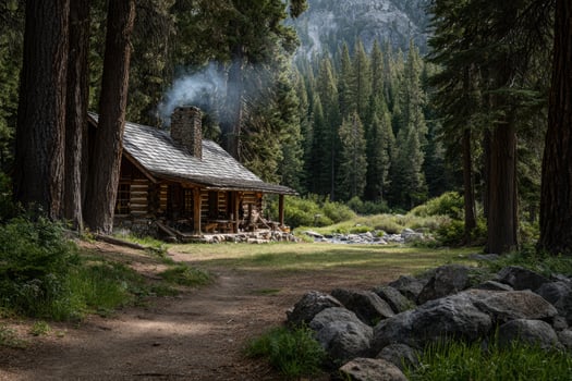 Log cabin retreat surrounded by towering pine trees photo