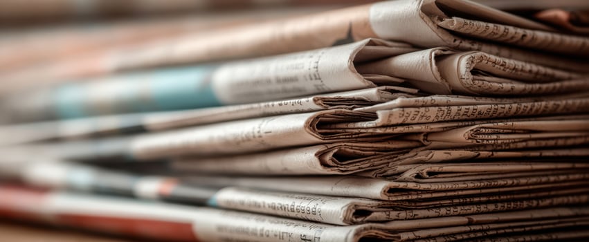 The stack of newspapers showcasing various headlines and articles. photo