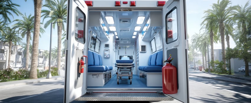 The modern interior of an emergency ambulance with a stretcher and medical equipment. photo
