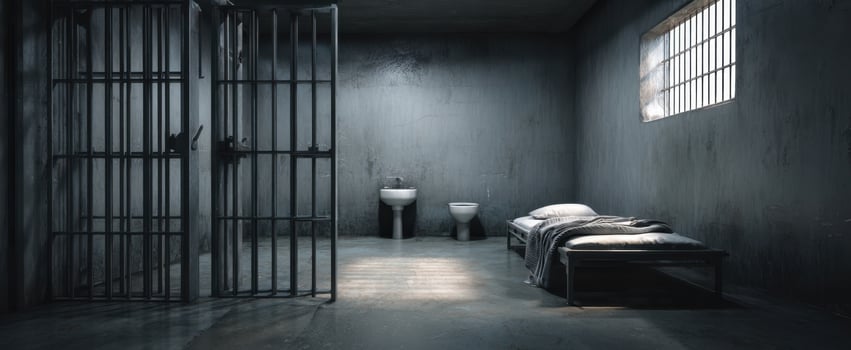 The stark prison cell featuring cold metal bars and minimal furnishings photo