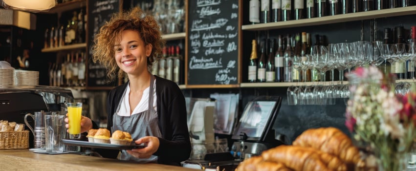 A woman is holding a tray of food at a bar photo