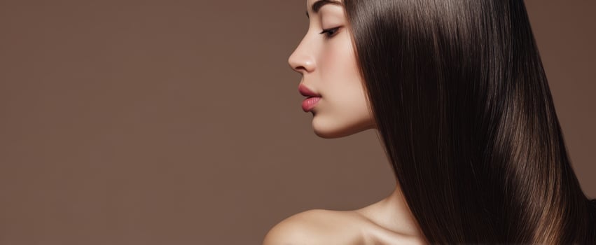 The elegant profile of a woman highlighting her long, flowing hair and beauty. photo