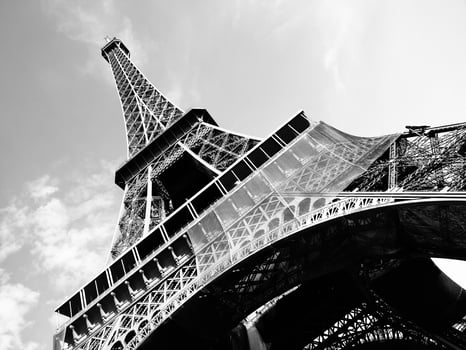 Detailed bottom view of Eiffel tower, Paris, black and white image photo