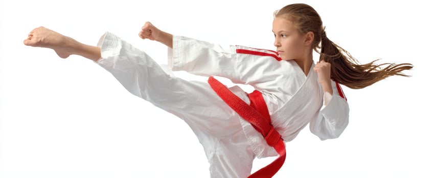 The girl executing a powerful kick in karate uniform with a red belt. photo