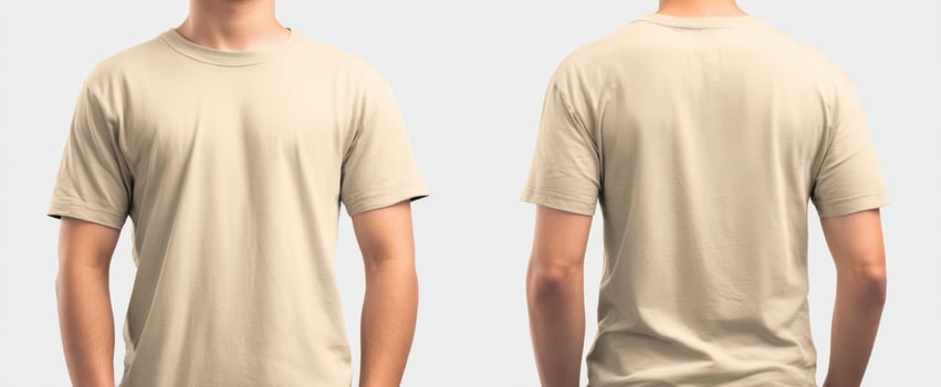 The neutral beige t-shirt displayed from front and back angles for fashion showcase. photo