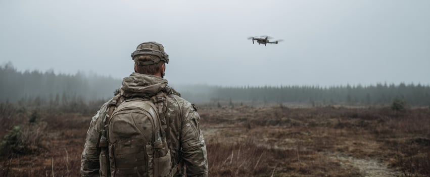 The soldier observes a drone during a tactical mission in a foggy landscape. photo