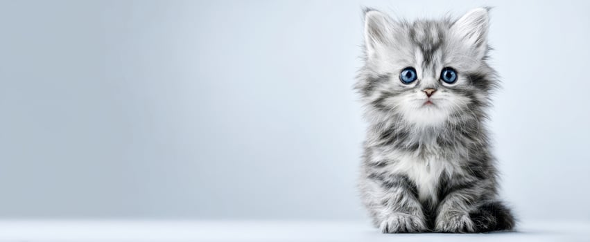 The adorable fluffy kitten with big blue eyes sitting gracefully. photo