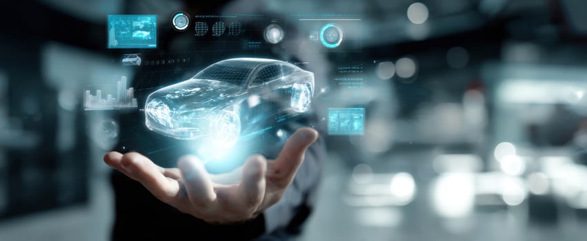 The futuristic car displayed as a hologram in a digital landscape. photo